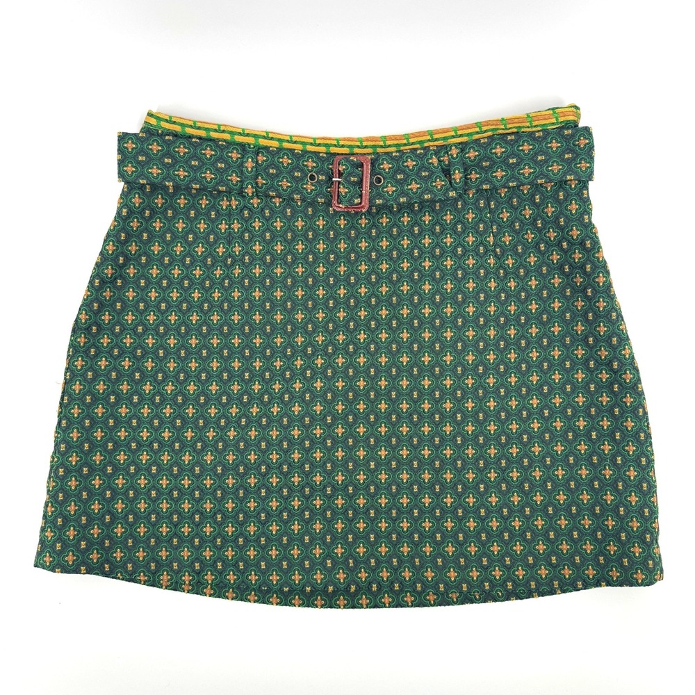 Urban Outfitters Mini Skirt Women Medium Green Tapestry Belted Retro Academic